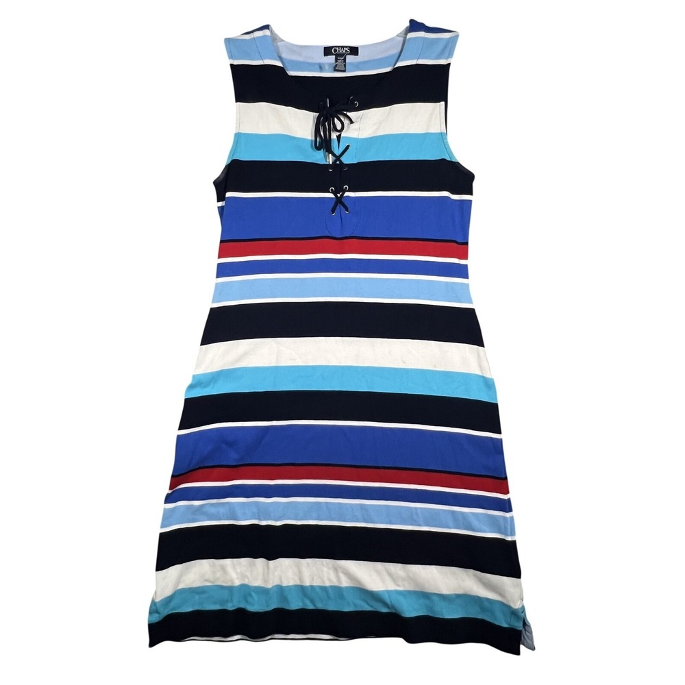 Chaps Women's M/M Striped Lace Up Sleeveless Knit Dress Knee Length Cotton